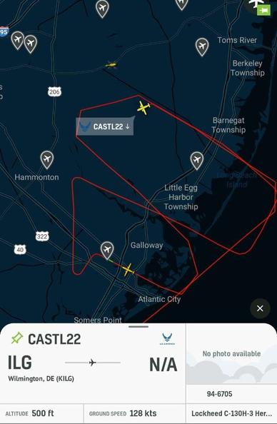 radarbox screenshot over NJ showing military craft. specifically CASTL22, a C-130 flying at 500ft
