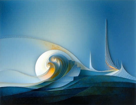 A minimalist futuristic structure, in smooth blue and white flowing waves with sharp peaks and layered gradients, constructed using sound waves.