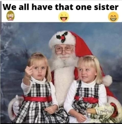 Meme with a photo of two cute little twin girls seated in Santa's lap. The one on the right is smiling sweetly, but looking at her sister, who is not smiling and is giving a middle-finger salute to the photographer. 

Meme text reads, “We all have that one sister.”