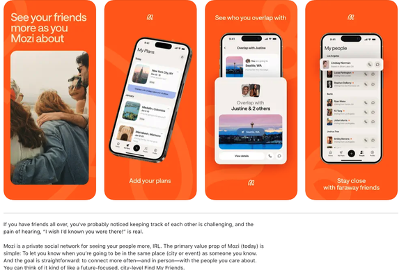A screenshot with 4 panels of the iOS App Store listing for Mozi showing the app icons on an iPhone.