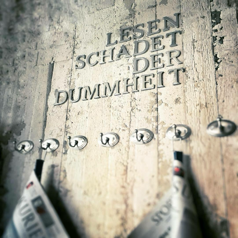 Ein Spruch auf einer Betonwand „Lesen schadet der Dummheit“