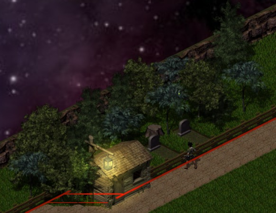 the image is part of an isometric view game. it depicts a wooden house, with trees behind it.
on the sides there is a wooden weathered fence and on the left side a lamppost, also made of wood.
on the left, between the trees, there are two graves with two tombstones.