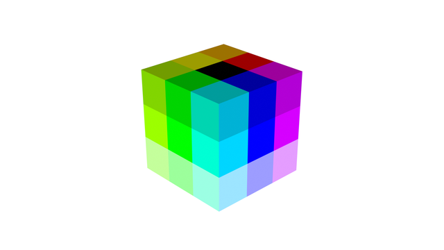 A cube with each face divided in a 3 by 3 grid. The centre squares on the tree visible faces are coloured black, green and blue. The other squares are coloured to create gradients between the centres.