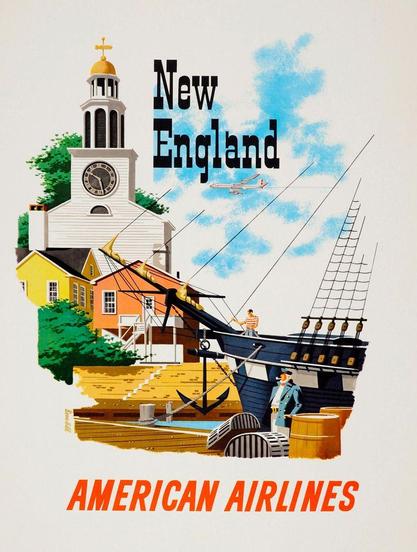 A quaint new England fishing village. There is a classic white church in the background as a schooner pulls up to the dock and unload.