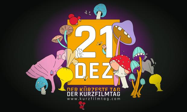 Offizielles Motiv des Kurzfilmtages. Man sieht eine Grafik des Datums, um das sich Pilze ranken.