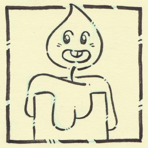An illustration of a lit candle but the flame has a happy cartoon face on it.