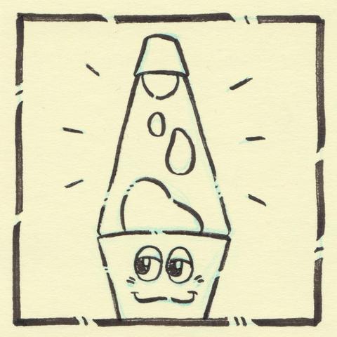 Illustration of a lava lamp with a chill cartoon face on the base of the lap.