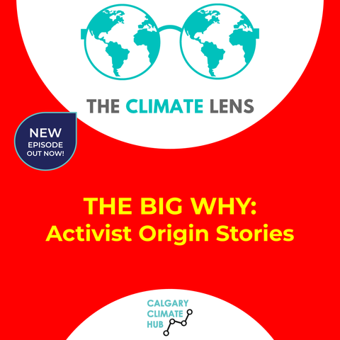 Climate Lens podcast cover with logo and Hub logo, speech bubble reading "NEW EPISODE OUT NOW" and show title "THE BIG WHY: Activist Origin Stories"