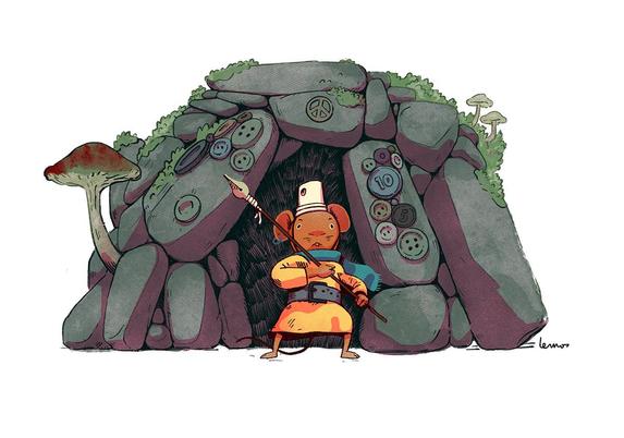 An armed mouse warrior guarding the entrance of a temple made of rocks, decorated with buttons.