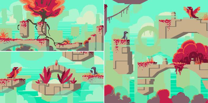 3 pixel art pictures, 2 backgrounds of 200*100 pixels, with trees and floating platforms and a bigger one 200*200 pixels, turquoise sky and red plants