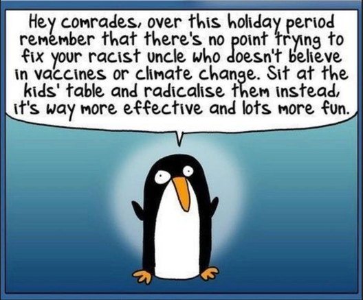 A penguin says: hey comrades, over this holiday period remember that there's no point trying to fix your racist uncle who doesn't believe in vaccines or climate change. Sit at the kids' table and radicalise them instead, it's way more effective and lots more fun.