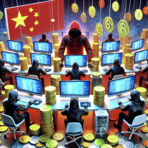 gruppo di hacker su compuetrs con bandiera cinese e tantie monete