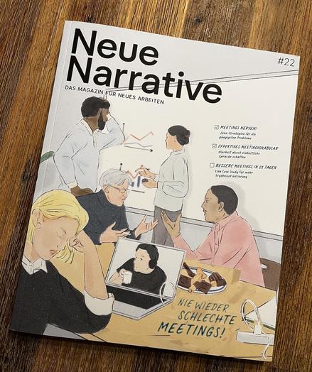 Zeitschrift "Neue Narrative" auf Tisch. Auf dem Cover sieht man eine grafisch dargestellte Meetingsituation.