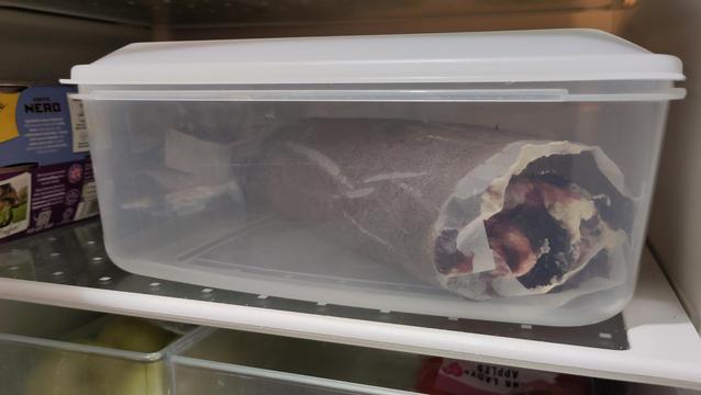Inside fridge view of large plastic tub, the curled up end of the chocolate log without frosting cover can just be seen.