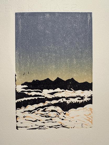 linoleum reduction print of mountain ridge at sunrise with clouds in the valleys. It’s not bad. Wouldn’t buy it at an art fair but there’s future potential.