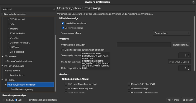 Einstellungen des VLC-Mediaplayer ("Einstellungen anzeigen" = "Alle"): Punkt "Video" -> "Untertitel/Bildschirmanzeige" -> "Untertiteldateien automatisch erkennen"