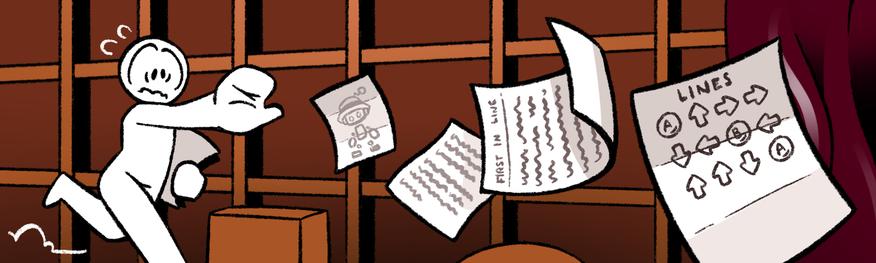 Just off to the left of a stage, a non-descript human loses hold of a stack of papers containing their lines for a play. As one of the papers flies up close to the camera, you can see that their "lines" are all video game button inputs.