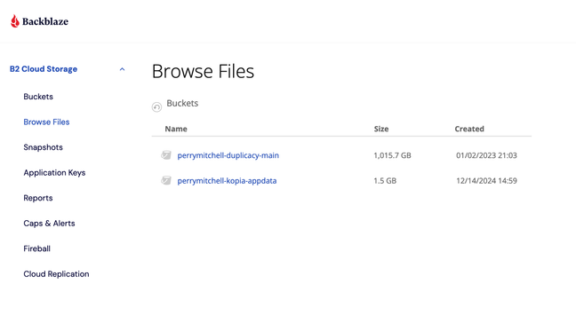 Screenshot of Backblaze B2 S3 storage dashboard, showing backup destinations