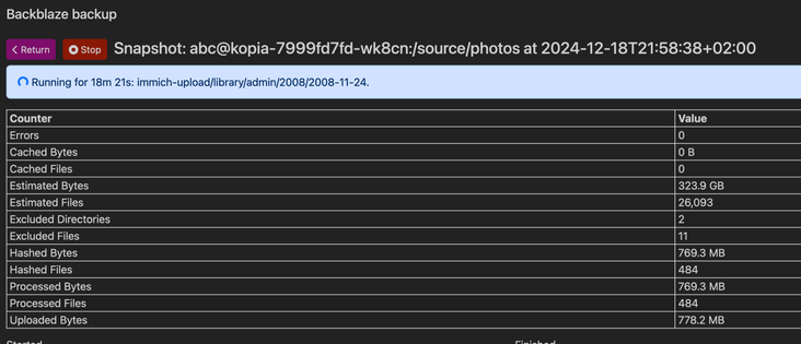 Screenshot of Kopia backup solution, showing a backup process of my photos to Backblaze B2