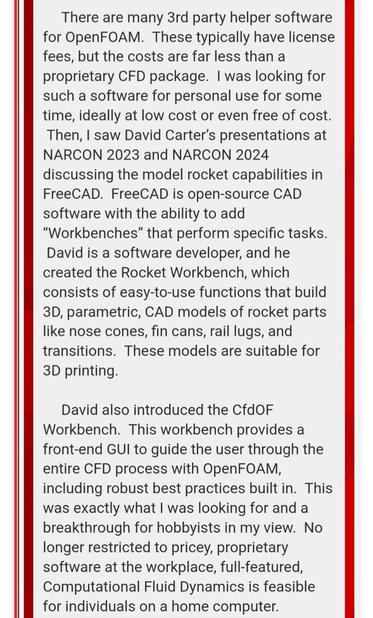 A screenshot of part of a PDF newsletter tutorial article on computational fluid dynamics analysis of rocket designs using FreeCAD and OpenFOAM.