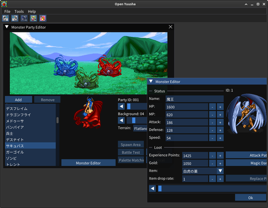 Open Yuusha editor showing the monster party editor in the top left and the monster editor in the bottom right