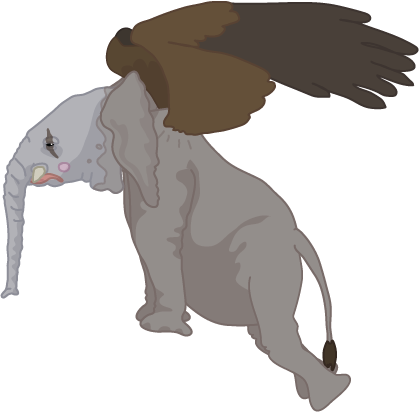 A baby elephant with large eagle-like wings - its face is painted to look like a sad clown. It is suspended in the air by the wings, the wrinkly skin being pulled on by gravity.