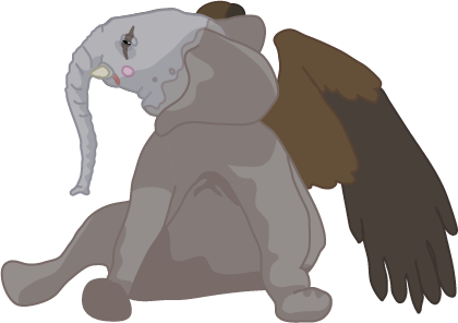 A baby elephant with large eagle-like wings - its face is painted to look like a sad clown. It is sitting, looking up at the sky.