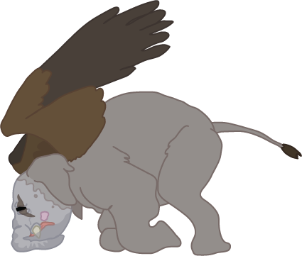 A baby elephant with large eagle-like wings - its face is painted to look like a sad clown. It has made a crash landing, its face hitting the ground.