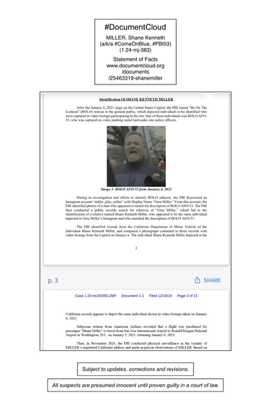 Screenshot of pages from court document pertaining to January 6th riot suspect Shane Kenneth Miller (California).