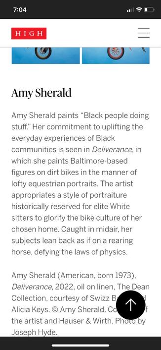 Description of the motorbike/dirtbike paintings from the High Museum of Art's website:

Amy Sherald paints “Black people doing stuff.” Her commitment to uplifting the everyday experiences of Black communities is seen in Deliverance, in which she paints Baltimore-based figures on dirt bikes in the manner of lofty equestrian portraits. The artist appropriates a style of portraiture historically reserved for elite White sitters to glorify the bike culture of her chosen home. Caught in midair, her subjects lean back as if on a rearing horse, defying the laws of physics.

Amy Sherald (American, born 1973), Deliverance, 2022, oil on linen, The Dean Collection, courtesy of Swizz Beatz and Alicia Keys. © Amy Sherald. Courtesy of the artist and Hauser & Wirth. Photo by Joseph Hyde.