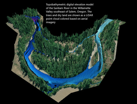imagery - Topobathymetric digital elevation model of the Santiam River in the Willamette Valley southeast of Salem, Oregon. The trees and dry land are shown as a lidar point cloud colored based on aerial imagery.