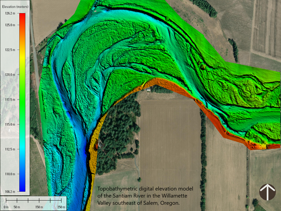map - Topobathymetric digital elevation model of the Santiam River in the Willamette Valley southeast of Salem, Oregon.