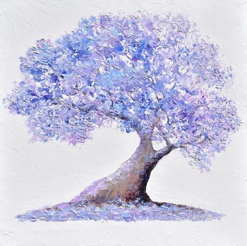 An old Jacaranda tree with a lavender-hued canopy stands against a light background, . The branches spread widely, showcasing thick clusters of delicate, bluish-purple foliage. The thick, old trunk of the Jacaranda is leaning heavily to the right. Beneath the tree purple fallen flowers are heaped.