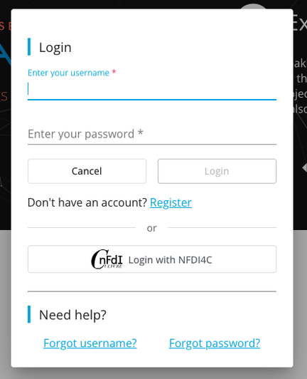 Anmeldefenster für Semantic Kompakkt, welches über die LogIn-Daten eines NFDI4Culture-Kontos ermöglicht wird