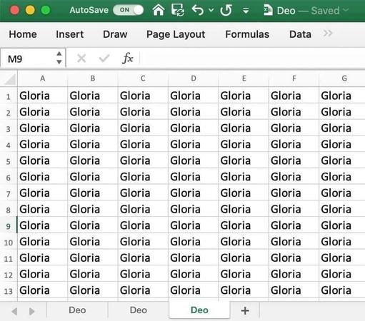An excel spreadsheet where every cell has the word Gloria