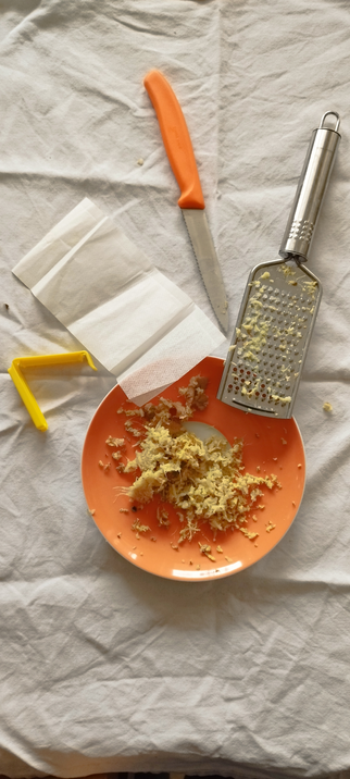Eine Untertasse mit geriebenem Ingwer. Dazu ein Messer, eine kleine Reibe, ein Teefilter und eine Verschlußspange für den Teefilter
