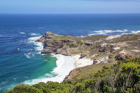 Diaz Beach is seen from Cape Point, South Africa, at the tip where the Atlantic Ocean meets False Bay on a beautiful sunny day.