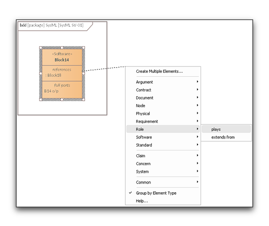 Shows the customised Sparx Enterprise QuickLink feature in works for a TRAK SV-01 Solution Structure Architecture View implemented as a SysML Block Definition Diagram. The customised Quicklink allows the user to drag away from the selected node element on the diagram and the MDG for TRAK plugin then offers a set of allowed node and connector elements. Selecting one causes the triple to be created on the architecture view. The diagram shows the newly-added 'Software plays Role' triple offered as a valid triple.