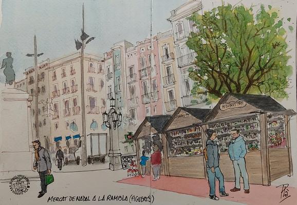 Dibujo de tres casetas de venta de figuritas de Belén y adornos navideños en la Rambla de Figueres. Hecho con pluma y coloreado con acuarelas.