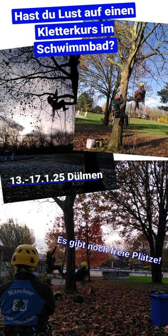 Fotokollage mit Bildern von einem Baumkletterkurs in einem Schwimmbad.
Darauf Text:
Hast du Lust auf einen Kletterkurs im Schwimmbad?
13.-17.1.25 Dülmen
Es gibt noch freie Plätze!