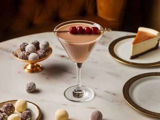 Romance Cocktail in martini glass with speared cherries garnish