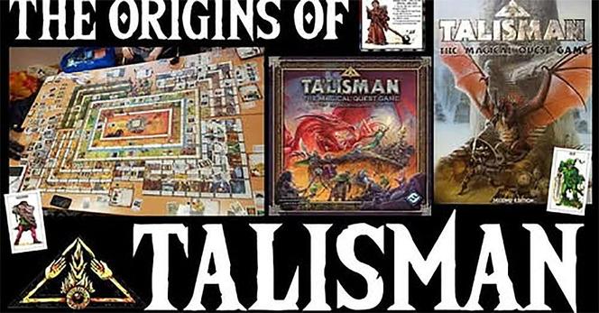 Collage featuring Talisman board game, cover art, and vintage imagery with text: "The Origins of Talisman" overlaid on a black background.