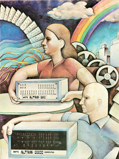 An artistic illustration featuring two individuals holding early personal computers. The person on the top is holding a "MITS ALTAIR 680," and the person on the bottom is holding a "MITS ALTAIR 8800 COMPUTER." The background includes elements such as a rainbow, clouds, a cityscape, and large reels of magnetic tape