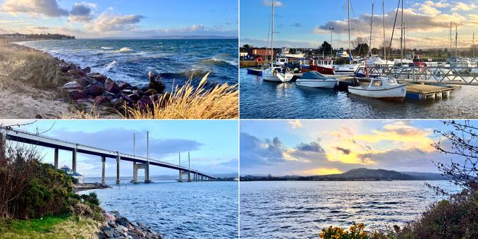 Four photo collage. Winters day, mid afternoon, bright, sun lowering. Top left: yellow grasses, sand. and pink/grey rocks in foreground; choppy sea, high tide, deep blue, white waves; houses curved around the coast to the left and blue sky, white clouds. Top right: various small boats, blue, white, red combinations docked in a marina; blue/gray marina water; blue sky, white puffy clouds streaked with yellow light. Bottom right: yellow broom in foreground, pale gray/blue water of the firth; rounded hill, dark green, across the water, sun setting yellow behind white clouds on blue stormy sky. Bottom left: green shrubs or left; corner of white building, blue water of the firth; grey/white road bridge spanning the water; land and building in distance on the other side of the water; pale sky, deeper blue clouds.