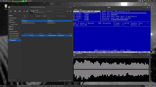 A computer desktop with music player (Rhythmbox), music visualizer (catnip) and a x86 emulator (QEMU).

The x86 emulator is running memtest86+.