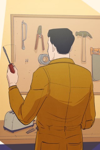 A handyman, facing away from the viewer