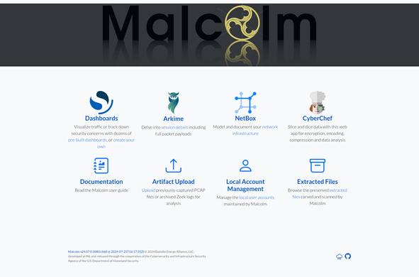 A screenshot of the Malcolm landing page, with links for Dashboards, Arkime, Netbox, Cyberchef, etc.