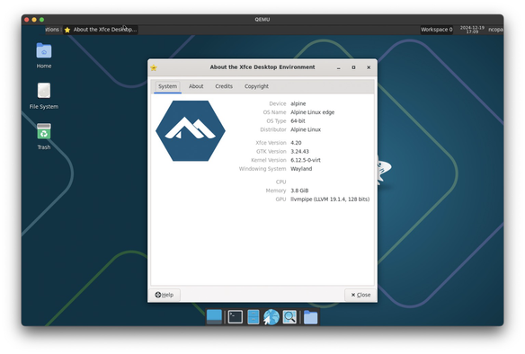 Screenshot of a qemu window with the about XFCE dialog on an XFCE desktop. The dialog shows an alpine Linux logo and system information