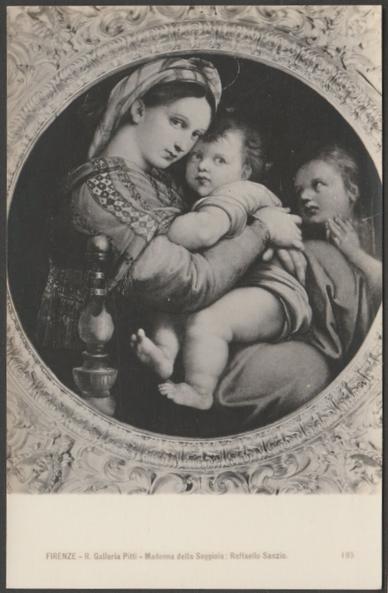 Monochrome real photographic postcard showing a view of the painting Madonna della Seggiola by Raffaello Sanzio at the Galleria Pitti in Firenze or Florence, Italy.
Publisher not stated, possibly by the Galleria Pitti, No 195, c.1910.
Postally unused.
Excellent condition, with minimal corner bumps and a small amount of silvering to the edges.