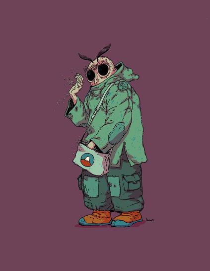 Illustration of a person with insectoid features spreading spores from their bag.